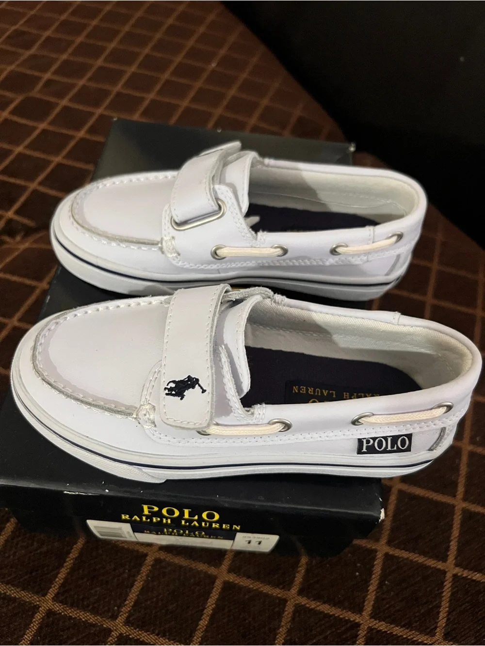 Ralph Lauren White Kids Moccasin Boat Shoes with Navy Polo Logo